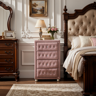 Sunvega Pink 4-Drawer Chest with Crystal Knobs and Fully Padded Case-Legs