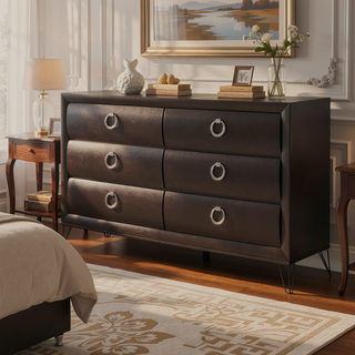 Sunvega Dark Merlot Finish Dresser with Six Spacious Drawers and Black Metal Legs