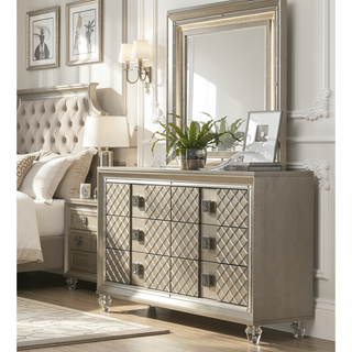 Sunvega Glamorous Champagne Finish Nightstand with 2 Dovetail Drawers and Beveled Mirror Trim