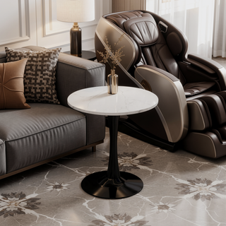 Sunvega Round White Pedestal Side Table with Marble Effect Top for Living Room