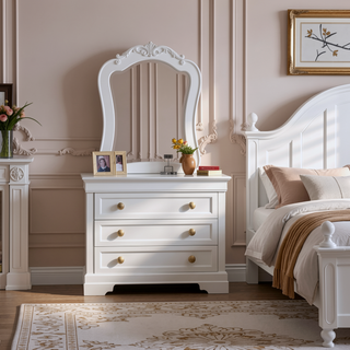 Sunvega Fully Assembled Pearl White Nightstand with Gold Handles and Faux Crystal