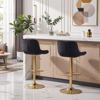 Sunvega Adjustable Velvet Swivel Bar Stool with Chrome Base and Golden Legs, Set of 2