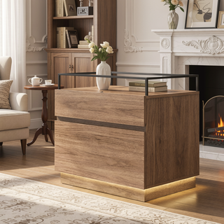 Sunvega LED Nightstand with Drawers, Glass Top and Wooden Surface for Bedroom