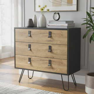 Sunvega White and Macadamia 3-Drawer Dresser with Contemporary Metal Handles and Wooden Legs
