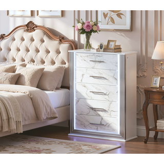 Sunvega Modern White and Gold Finish Five-Drawer Chest with LED Lights