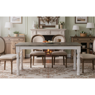 Sunvega Farmhouse Two-Tone Distressed Wood Dining Table with Turned-Leg Design