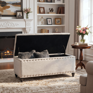 Sunvega Dark Brown Birch Legs Storage Ottoman with Light Assembly Required