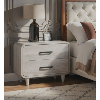 Sunvega Contemporary Antique White Nightstand with Two Drawers and Rounded Edges