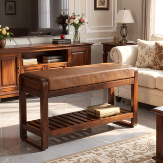 Sunvega Solid Mango Wood Buffalo Leather Upholstered Bench with Slatted Shelf