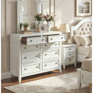 Sunvega Gypsum Whitewash Eight Drawer Dresser with Framed Fronts and Smooth Glides