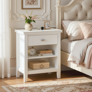 Sunvega White Handcrafted Solid Wood Bedside Table with Drawer and Shelf