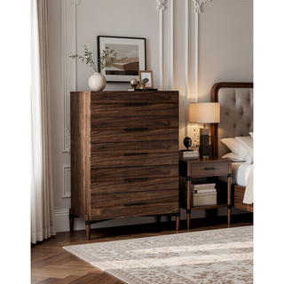 Sunvega Walnut Finish Five Drawer Chest with Antique Bronze Hardware and Metal X Base