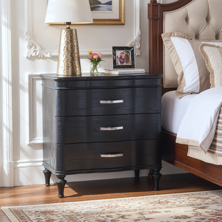Sunvega Glam Modern Black Nightstand with Curved Front Panels and Turned Wood Leg