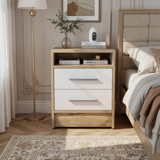 Sunvega Smokey Oak and White Finish Nightstand with Two Drawers and Open Shelf