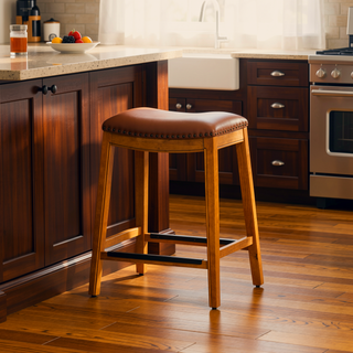 Sunvega Natural Finish Saddle Leather Seat Counter Stool with Footrest and Nail Head Trim