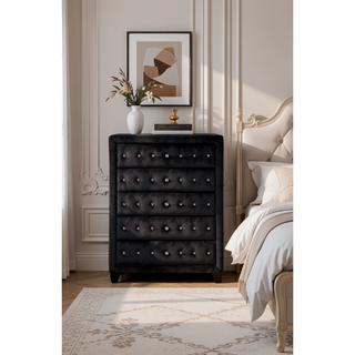 Sunvega Sophia Cream Velvet Upholstered Crystal Tufted 5-Drawer Chest for Bedroom