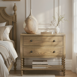 Sunvega Solid Wood 2 Drawer Accent Chest with Turned Legs in Camel Oak Finish