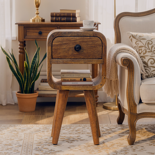 Sunvega Handcrafted Solid Mango Wood Oak-ish Curved Edge Bedside Table with Drawer