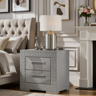 Sunvega Pierce Grey High Gloss Modern Italian Style Nightstand with Two Spacious Drawers