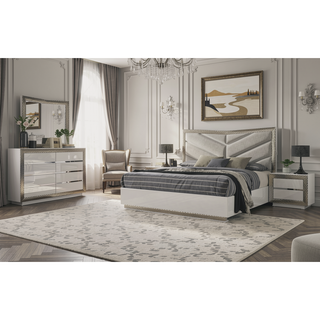 Sunvega Glam Gray 5-Drawer Chest with Plinth Base Silver Molding Glass Shelf