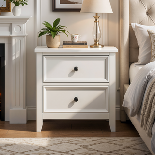 Sunvega White Finish 2 Drawer Bedroom Nightstand Farmhouse Style Bedside Table