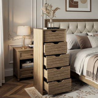 Sunvega White 5 Drawer Tall Dresser with Pull Out System Compact Size