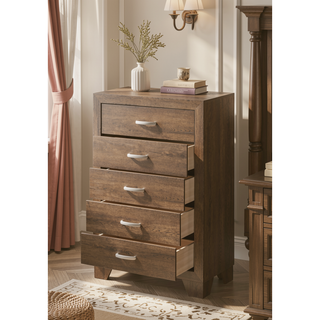 Sunvega Miquell Oak Finish Chest with Five Spacious Drawers and Wooden Block Legs