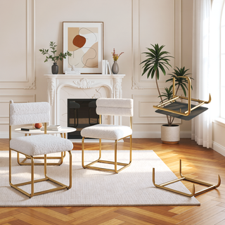 Sunvega Set of Two White Teddy Plush Dining Chairs with Golden Wrought Iron Legs