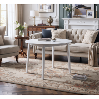 Sunvega Round Drop Leaf Dining Table with Vintage Antiqued White Cottage Finish