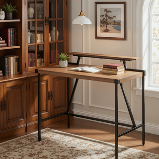 Sunvega Industrial Black Metal and Brown Wood-Pressed Grain Bamboo Counter Table