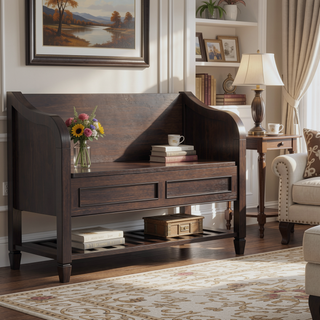 Sunvega Solid Wood Storage Bench with Shelf and Dark Chestnut Brown Stain