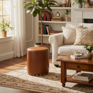 Sunvega Bola Leather Stool with Wooden Feet and Rounded Oak-ish Finish