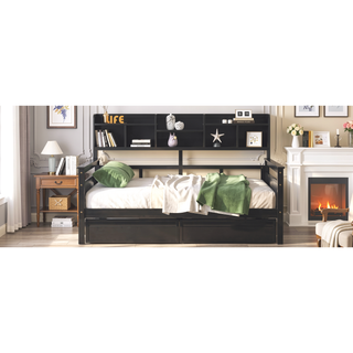 Sunvega Twin Size Daybed with Wood Slat Support, Bedside Shelf, and Two Drawers