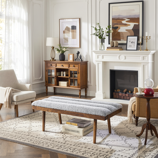 Sunvega Light Grey Teddy Boucle Upholstered Bench with Solid Wood Frame