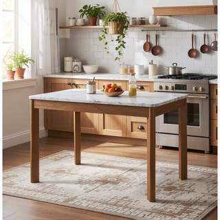 Sunvega Faux Marble Dining Table with Glossy Finish and Creamy White Oak Legs