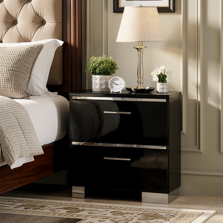 Sunvega Contemporary White High Gloss Lacquer Nightstand with Chrome Handles and USB Charger