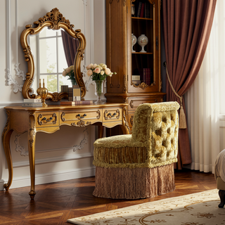 Sunvega Gold Vanity Stool with Opulent Rococo Style and Button Tufted Back