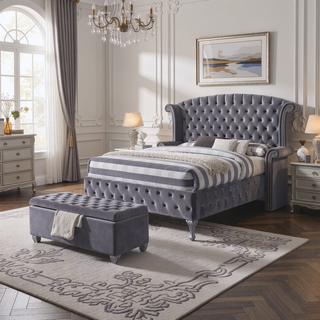 Sunvega Grey Velvet Upholstered Tufted Lift Top Storage Bench with Wooden Legs