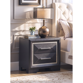 Sunvega Modern Black Wood Veneer Nightstand with Two Drawers for Bedroom