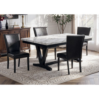 Sunvega Modern White Faux Marble Rectangular Dining Table with V Shape Trestle Base