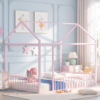 Sunvega Full Size Playhouse Metal Bed Frame with Fence for Kids and Teens