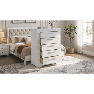 Sunvega White Quilted Texture Modern Five Drawer Chest with Red Lined Interiors