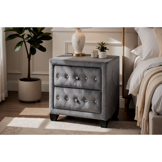 Sunvega Cream Velvet Upholstered Nightstand with Crystal Tufted Design and Two Drawers