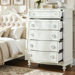 Sunvega Ivory Floral Embroidered 5-Drawer Chest with Wooden Bun Legs