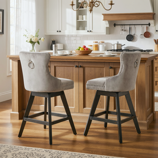 Sunvega Swivel Velvet Barstools with Button Tufted Back and Chrome Nailhead Trim