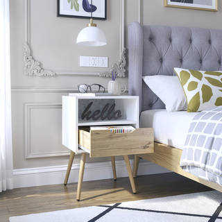 Sunvega Smokey Oak and White Finish Nightstand with Open Shelf and Drawer