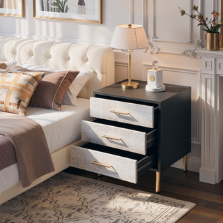 Sunvega Black Silver Gold 3-Drawer Nightstand with Metal Legs and Decorative Patterns