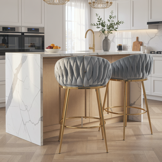 Sunvega Lambswool Fabric Counter Height Bar Stools Set of 2 with Wave Back