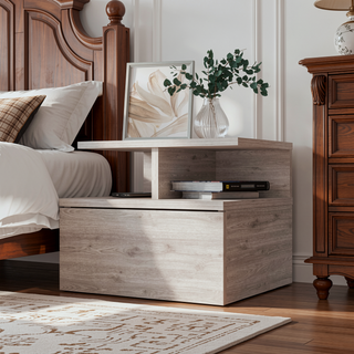 Sunvega Macadamia 2-Tier Shelf Floating Nightstand with Wall-Mount for Bedroom Storage