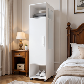 Sunvega White 1-Door Wardrobe with Mirror and Open Storage for Smaller Bedroom